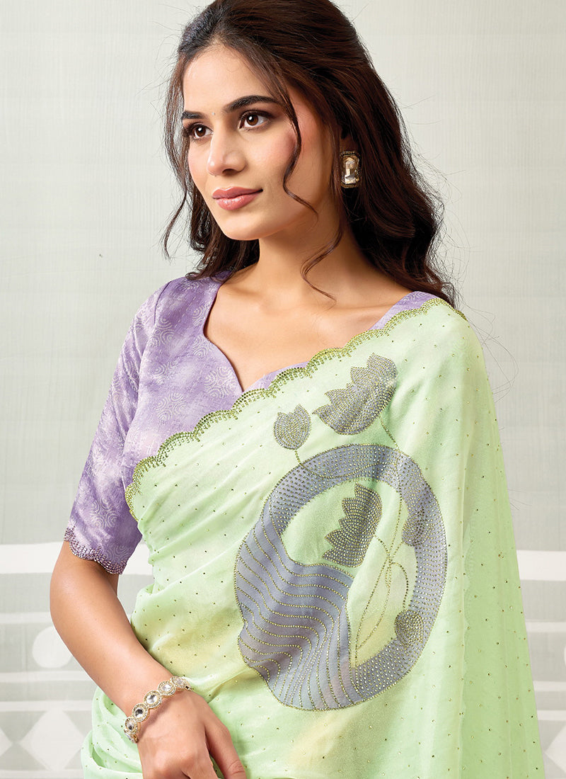 Shop Green Organza Satin Sari Online