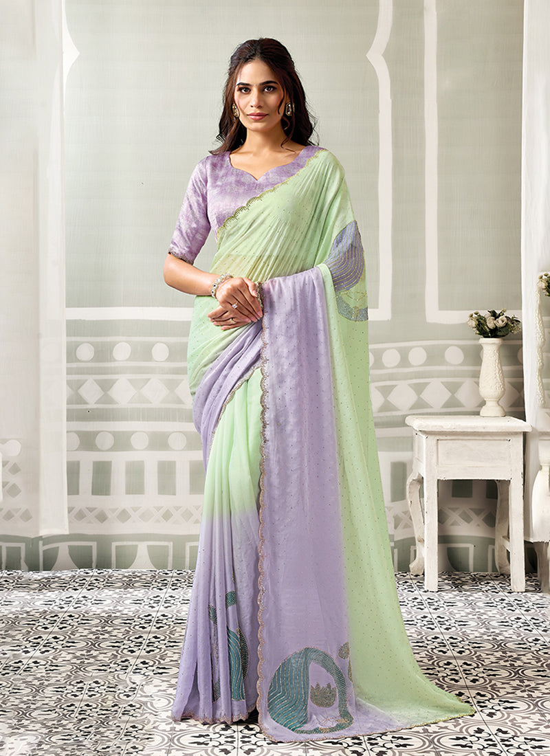 Green & Lilac Embellished Organza Satin Saree