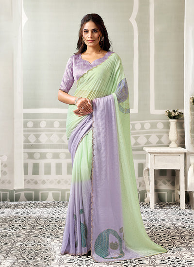 Green & Lilac Embellished Organza Satin Saree