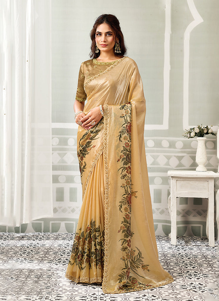 Champagne Gold Embroidered Satin Silk Saree