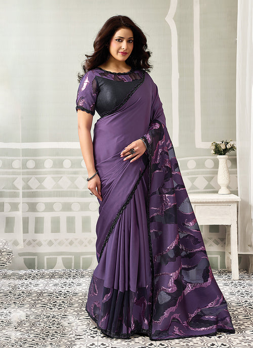 Purple & Black Embroidered Jacquard Satin Silk Saree