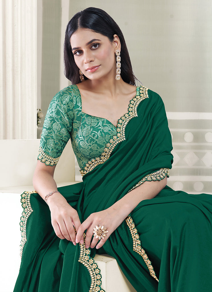 Shop Emerald Green Crepe Silk Sari In Canada