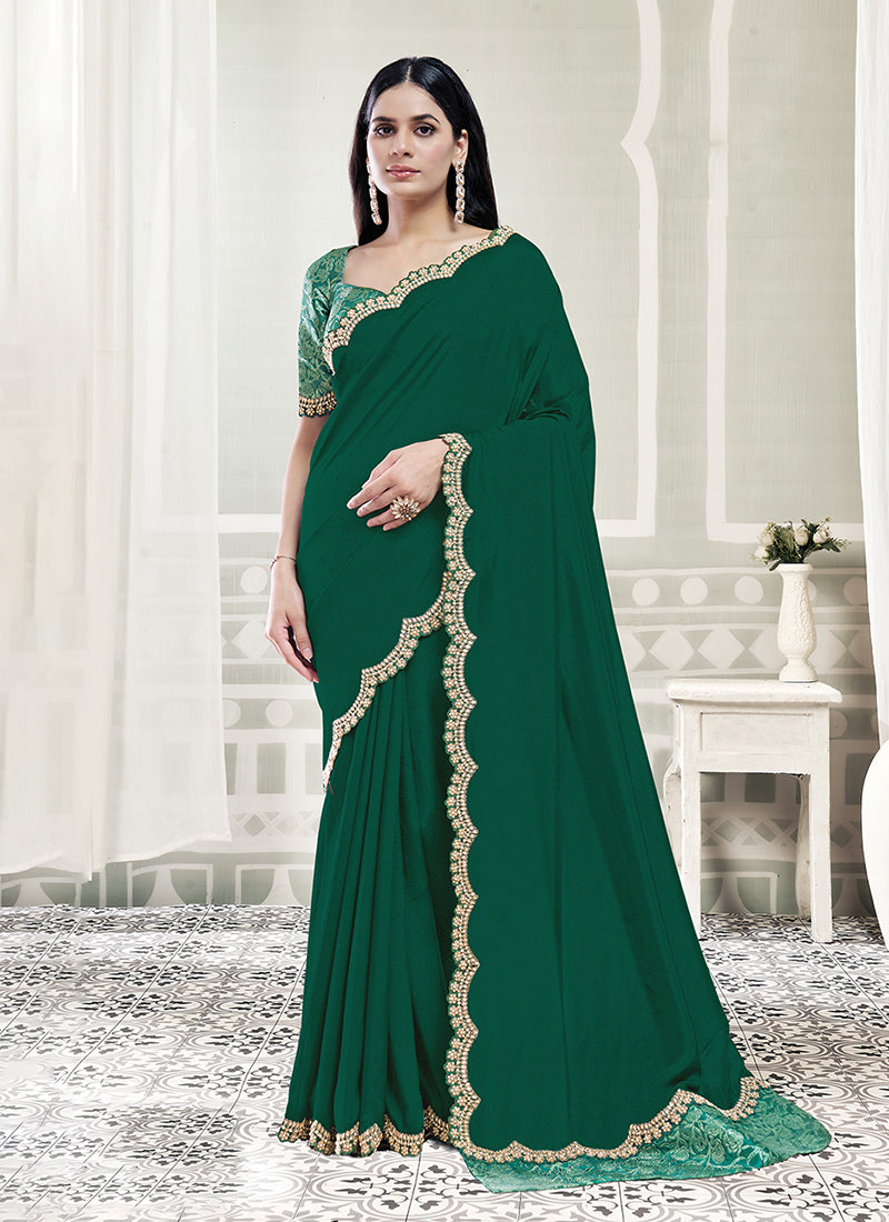 Emerald Green Embroidered Crepe Silk Saree