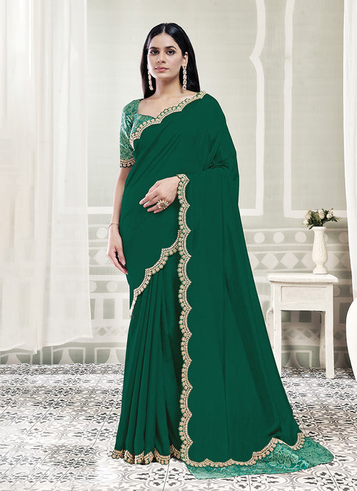 Emerald Green Embroidered Crepe Silk Saree