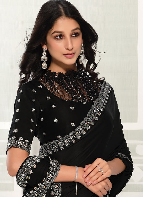 Buy Black Crepe Satin Silk Sari In UK