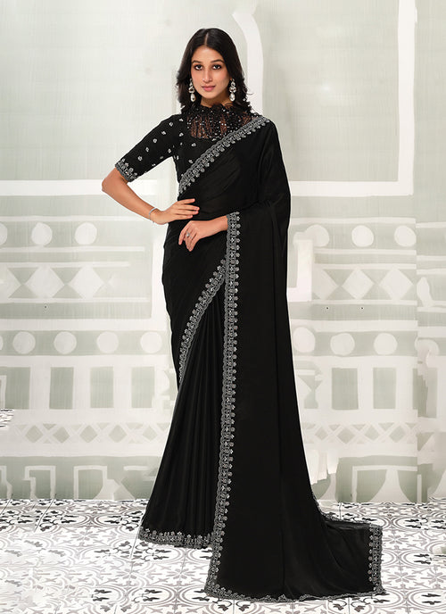 Black Embroidered Crepe Satin Silk Saree