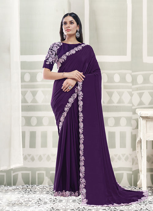 Purple Embroidered Crepe Silk Saree