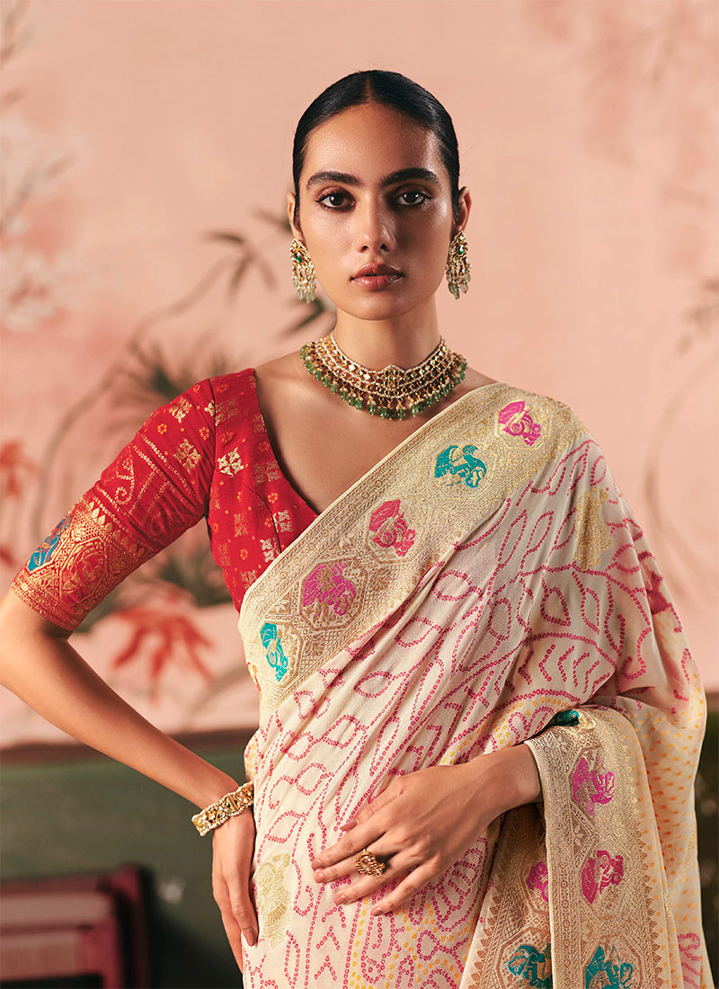 Buy Cream And Red Khaddi Saree Online