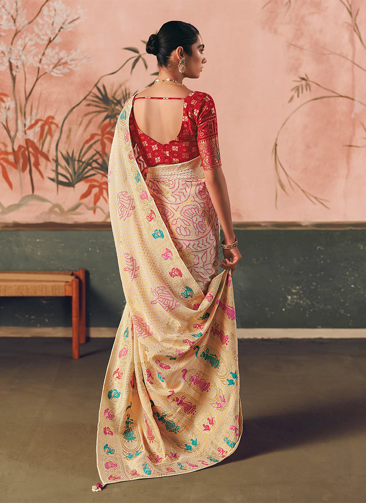 Shop Cream And Red Traditional Saree In UK