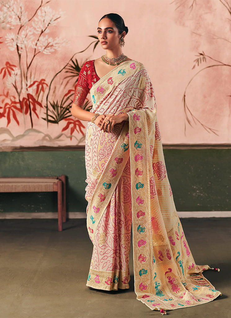 Cream And Red Traditional Khaddi Georgette Saree