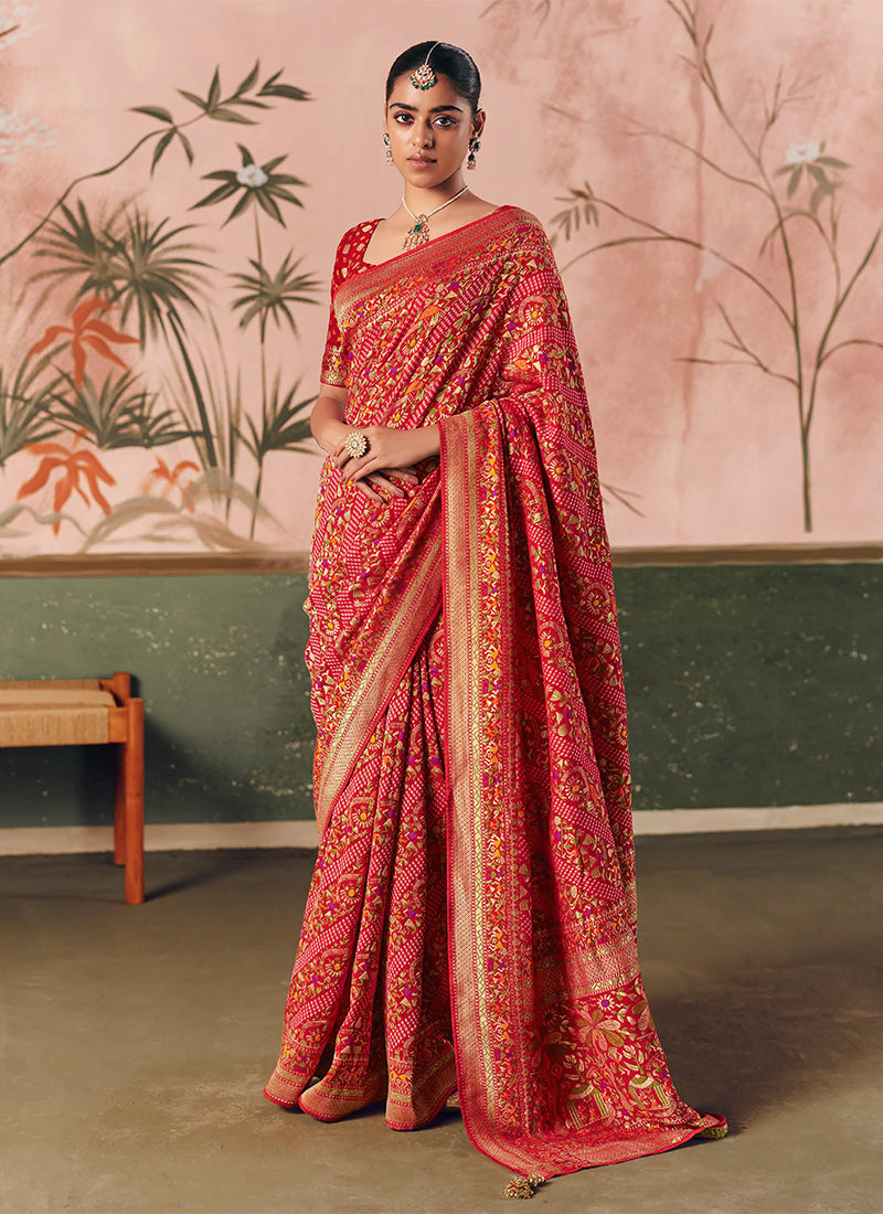 Red Orange Traditional Khaddi Georgette Saree