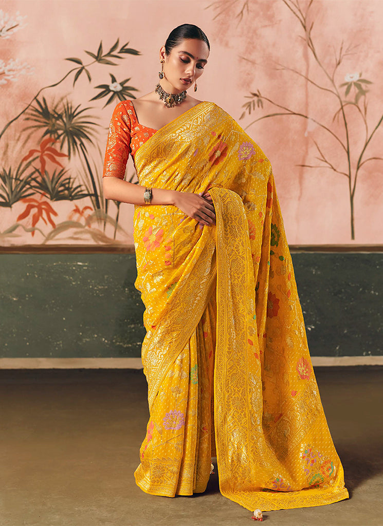 Yellow And Orange Traditional Khaddi Georgette Saree