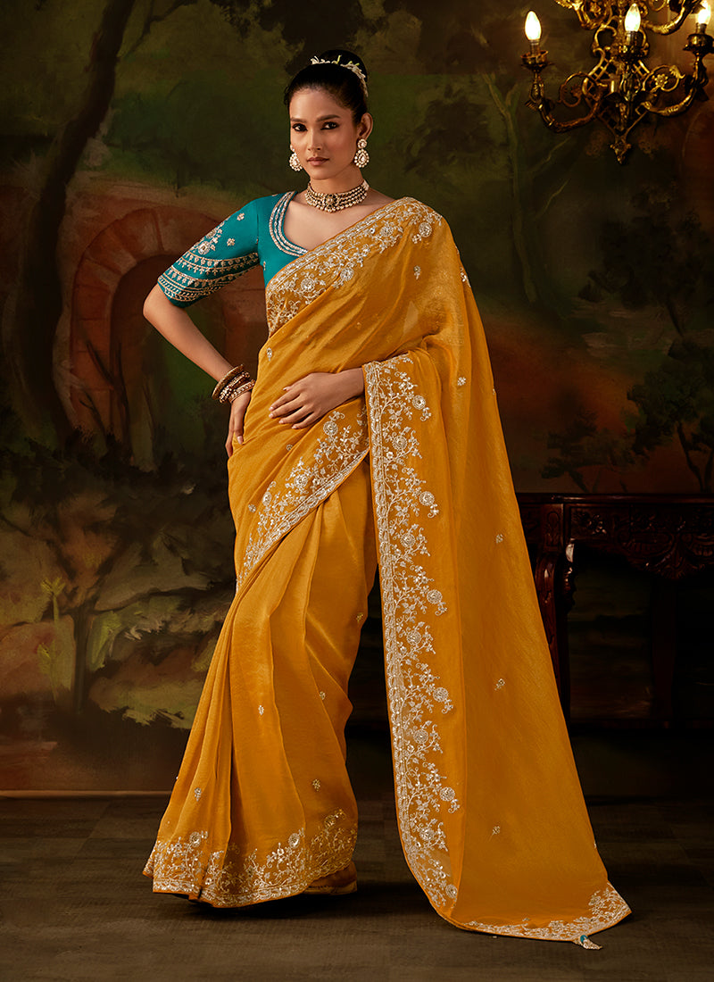 Yellow And Turquoise Traditional Embroidery Partywear Saree