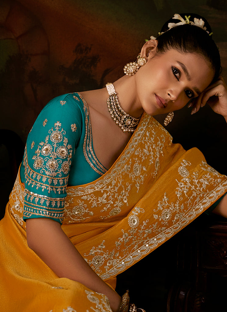 Shop Yellow And Turquoise Traditional Partywear Sari UK