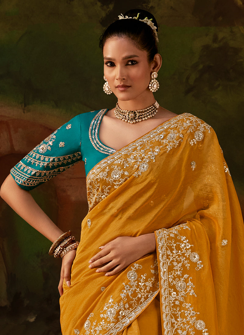 Buy Yellow And Turquoise Traditional Saree In USA