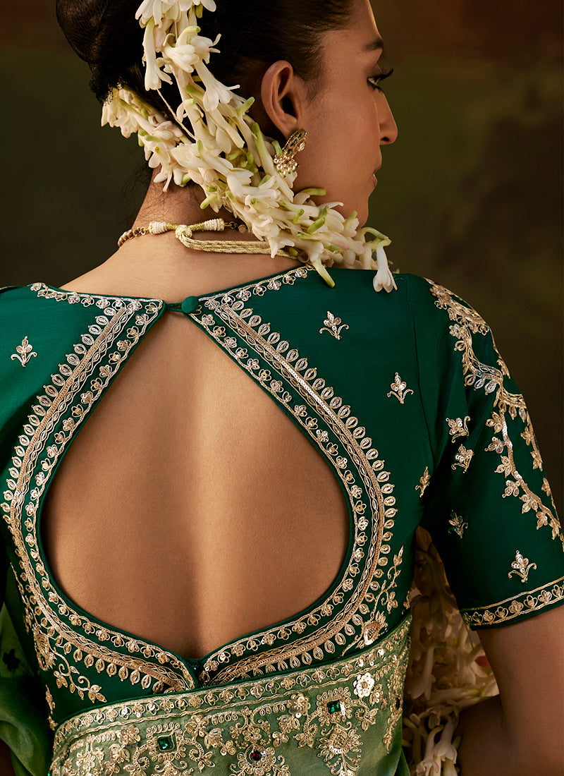 Shop Green Traditional Embroidery Partywear Sari In UK