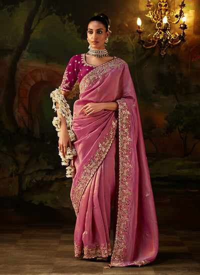 Rich Pink And Wine Traditional Embroidery Partywear Saree