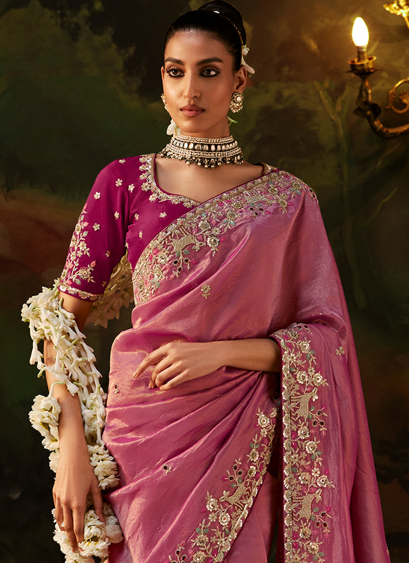 Buy Rich Pink And Wine Traditional Saree In USA
