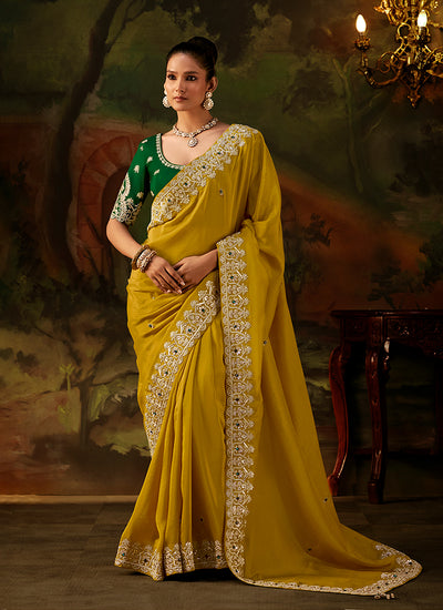 Yellow And Green Traditional Embroidery Partywear Saree