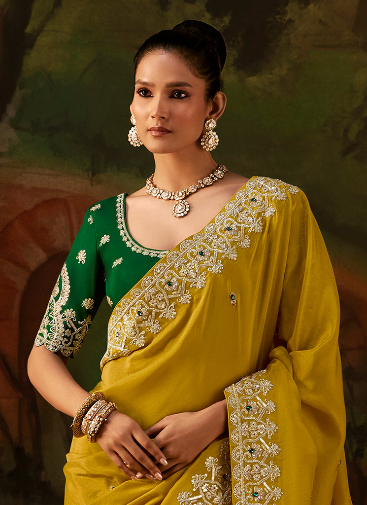 Shop Yellow And Green Traditional Sari In Canada