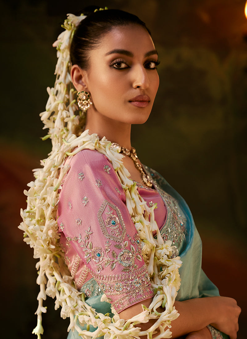 Buy Blue And Pink Traditional Saree In Australia