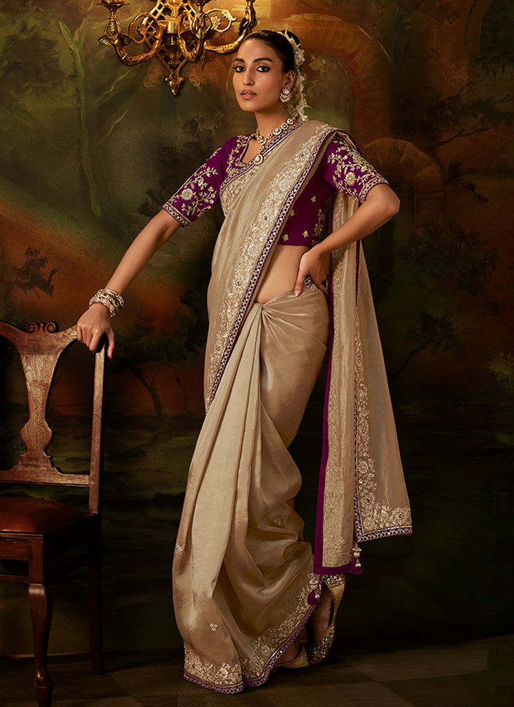 Beige And Wine Traditional Embroidery Partywear Saree