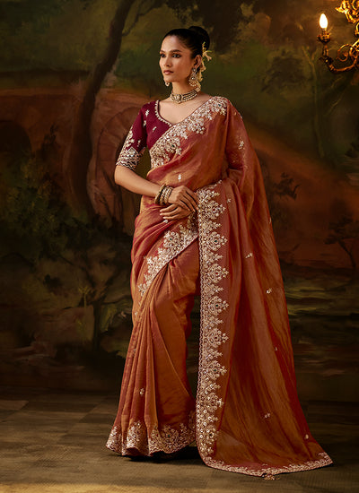Rust Orange And Maroon Traditional Embroidery Partywear Saree