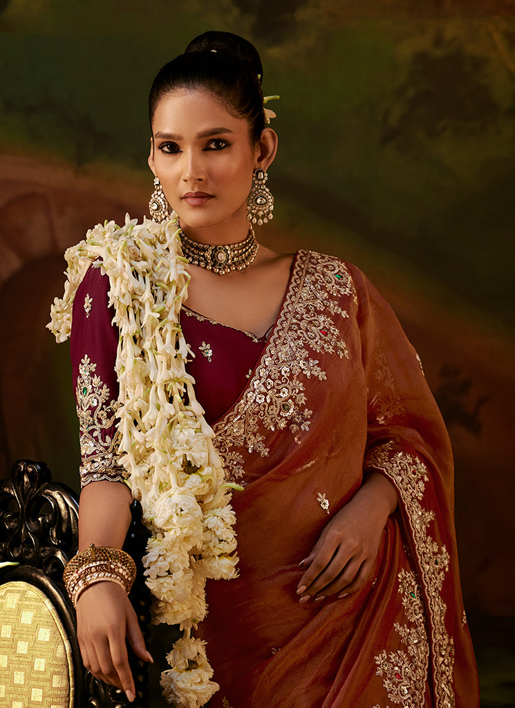 Buy Rust Orange And Maroon Partywear Sari In Singapore