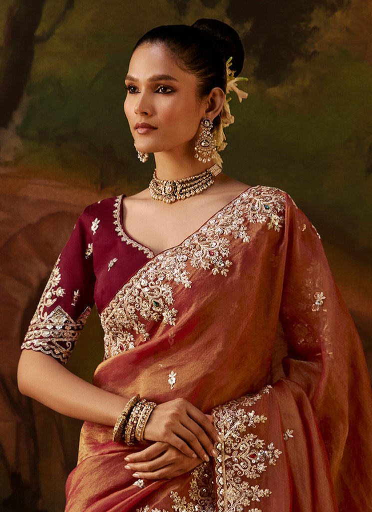 Shop Rust Orange And Maroon Traditional Saree In UK
