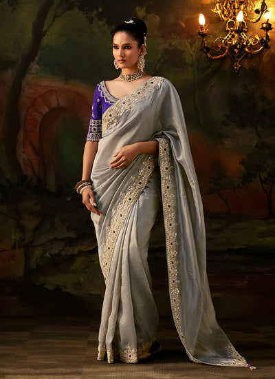 Grey And Violet Traditional Embroidery Partywear Saree