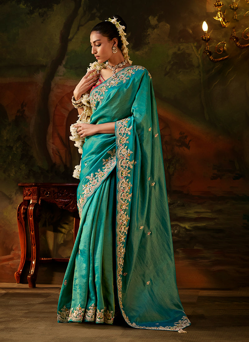 Teal And Red Traditional Embroidery Partywear Saree