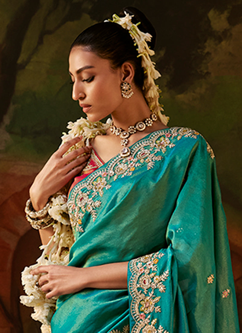 Buy Teal And Red Traditional Sari In USA