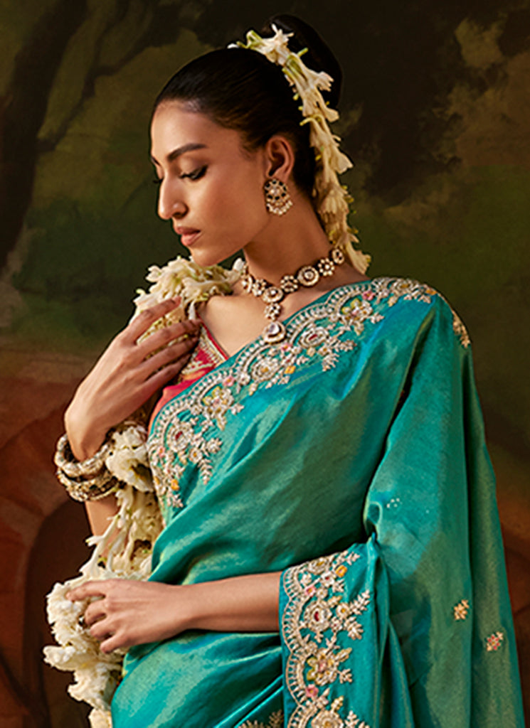 Buy Teal And Red Traditional Sari In USA