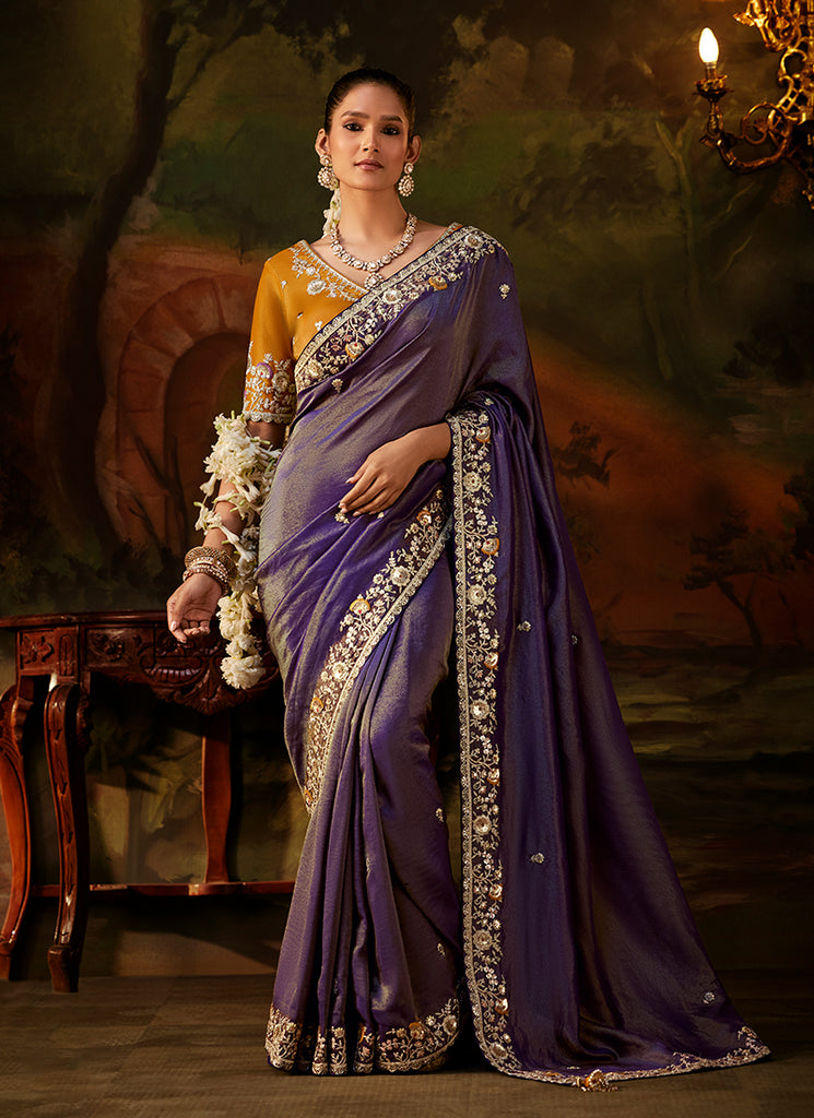 Purple And Yellow Traditional Embroidery Partywear Saree