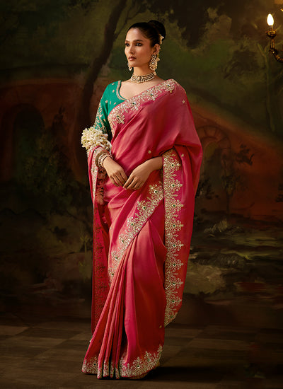 Crimson And Teal Traditional Embroidery Partywear Saree