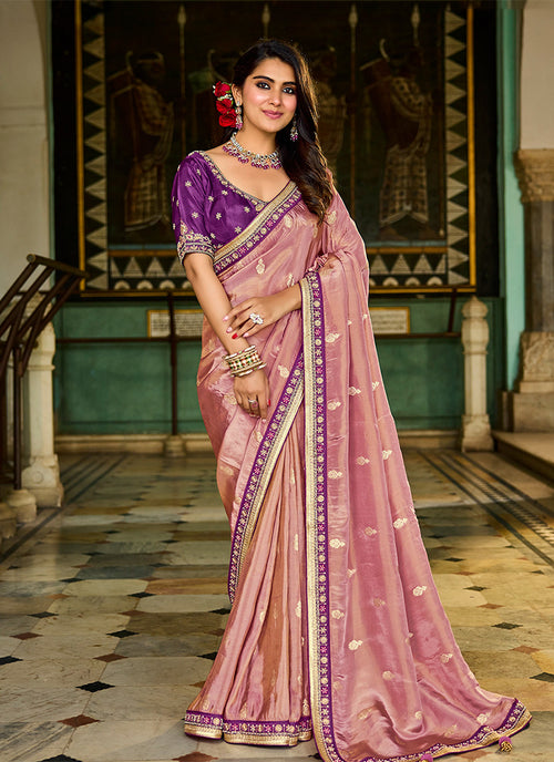 Teal And Pink Embroidery Traditional Silk Saree