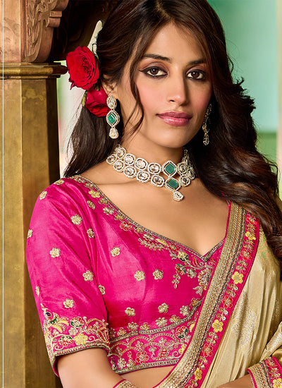 Magenta And Golden Embroidery Traditional Silk Saree