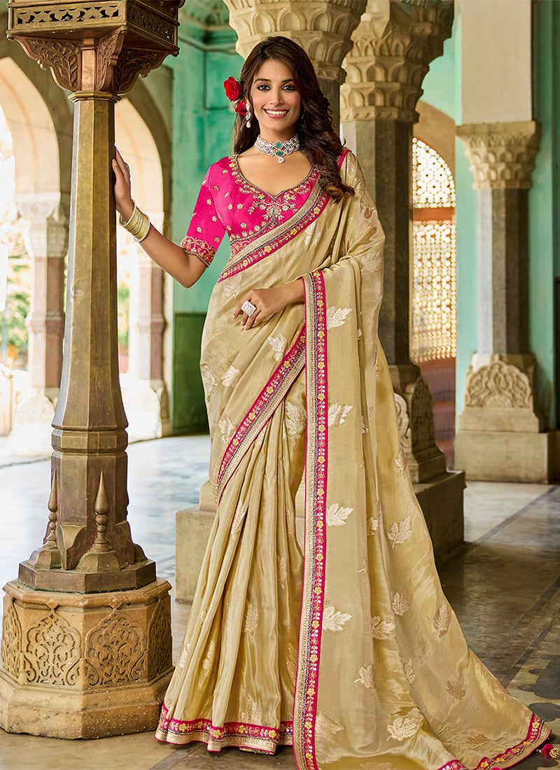 Magenta And Golden Embroidery Traditional Silk Saree