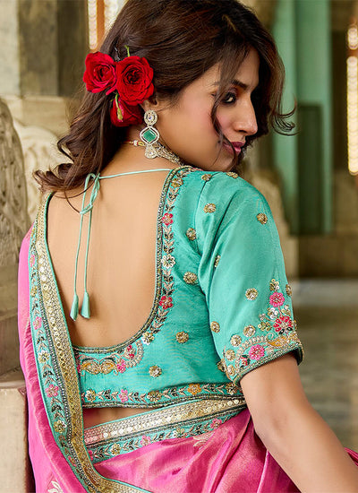 Pink And Purple Embroidery Traditional Silk Saree