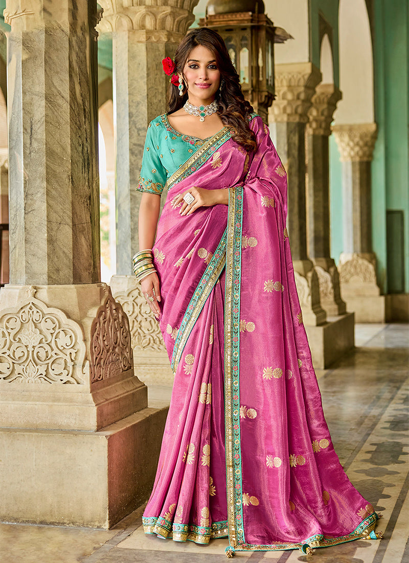 Pink And Purple Embroidery Traditional Silk Saree