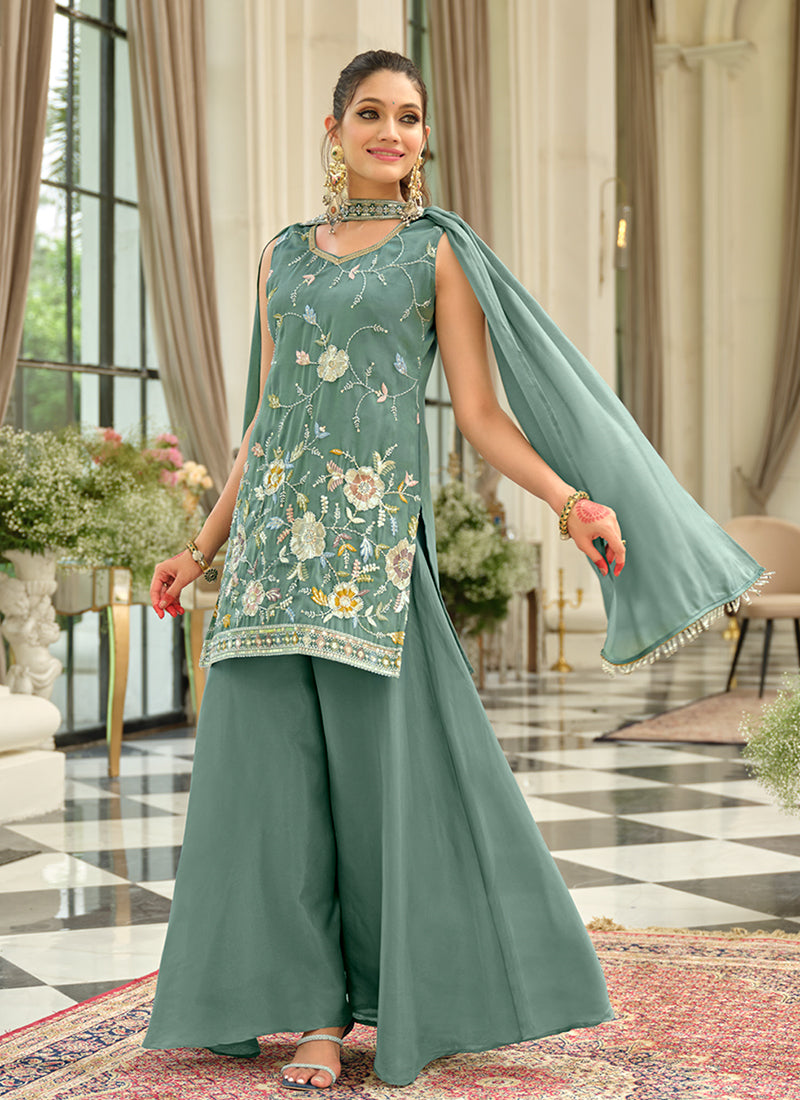 Sage Green Multi Embroidery Traditional Palazzo Suit