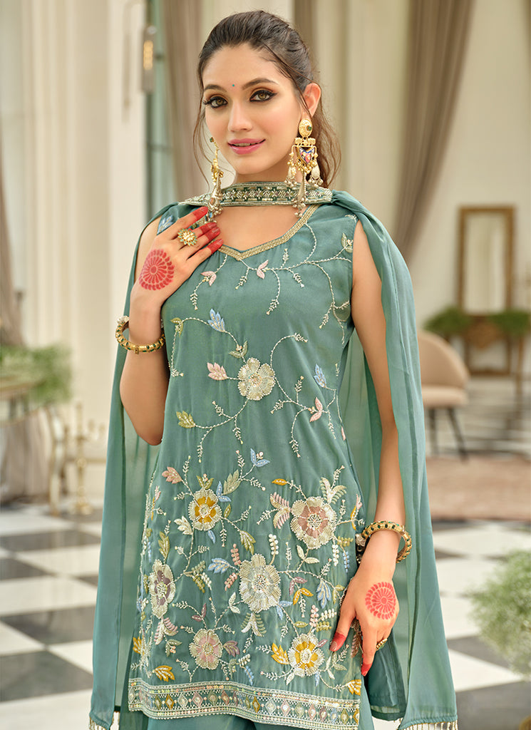 Sage Green Multi Embroidery Traditional Palazzo Suit
