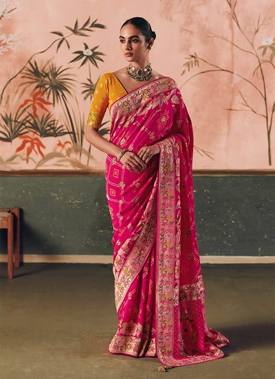 Magenta And Yellow Traditional Khaddi Georgette Saree