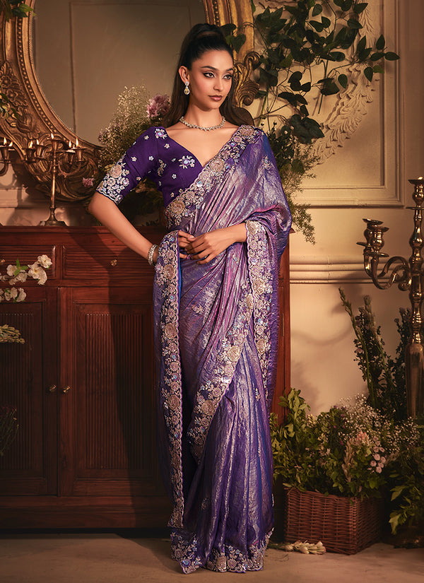 Violet Embroidered Tissue Silk Saree