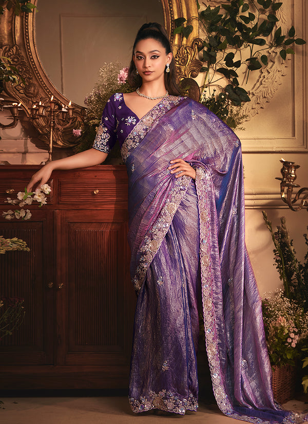Violet Embroidered Tissue Silk Saree