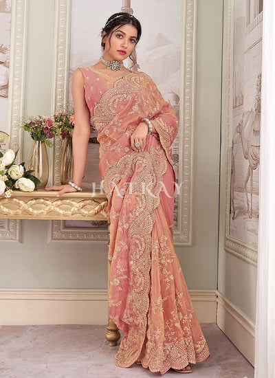Peach Wedding Saree And Blouse