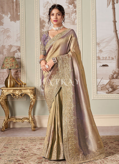 Beige Lavender Wedding Saree And Blouse