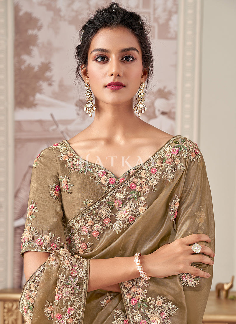 Buy Copper Beige Wedding Saree And Blouse For Engagement In USA