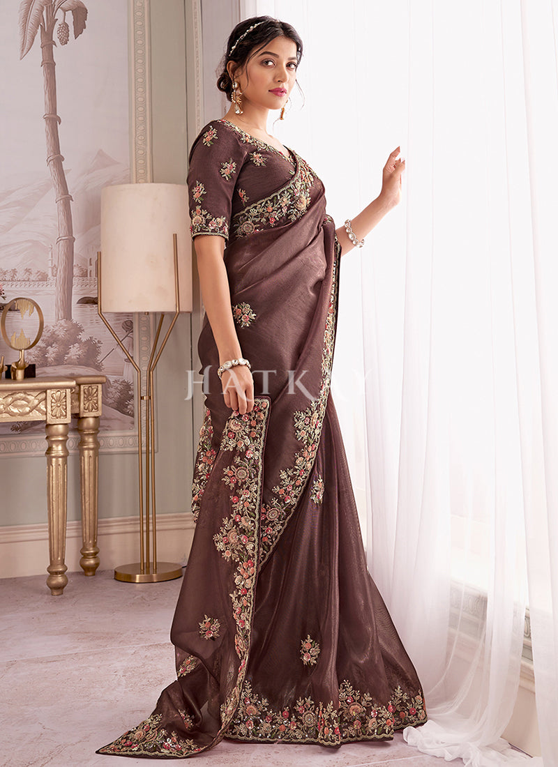Dark Brown Wedding Saree And Blouse