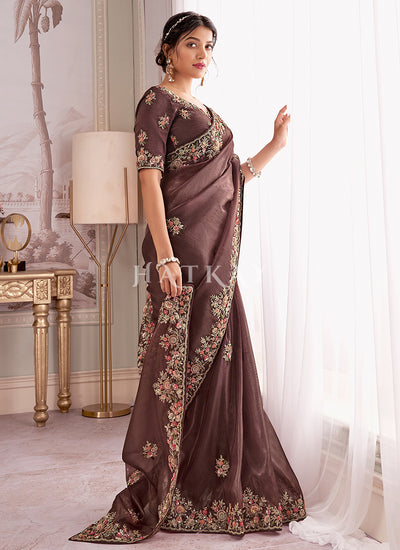 Dark Brown Wedding Saree And Blouse
